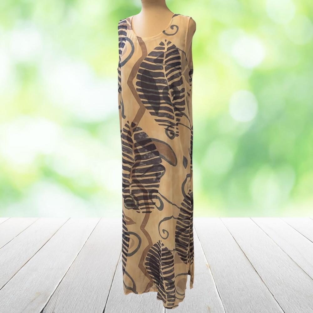 Vintage Artwear Maxi Dress Leaf Print Rayon Lined Sleeveless Lagenlook Size M